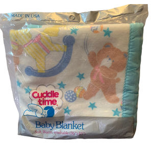 Vtg Baby Blanket Cuddle Time Bears 36" x 45" Acrylic Security Nylon Trim NEW NOS